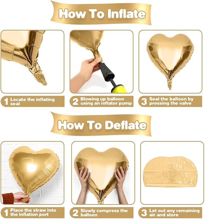 Gold White Heart Balloons,12Pcs 18 Inch Metallic Gold Cream Foil Love Heart Shaped Balloons for Birthday Party Wedding Engagement Anniversary Graduation Baby Shower Valentines Day Decorations