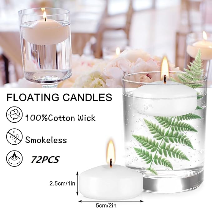 72 Floating Candles, Smoke-Free and odorless, Burning continuously for 5-6 Hours, White, 2-inch Floating Candles, Suitable for Valentine's Day, Weddings, Holidays, Home Decoration……