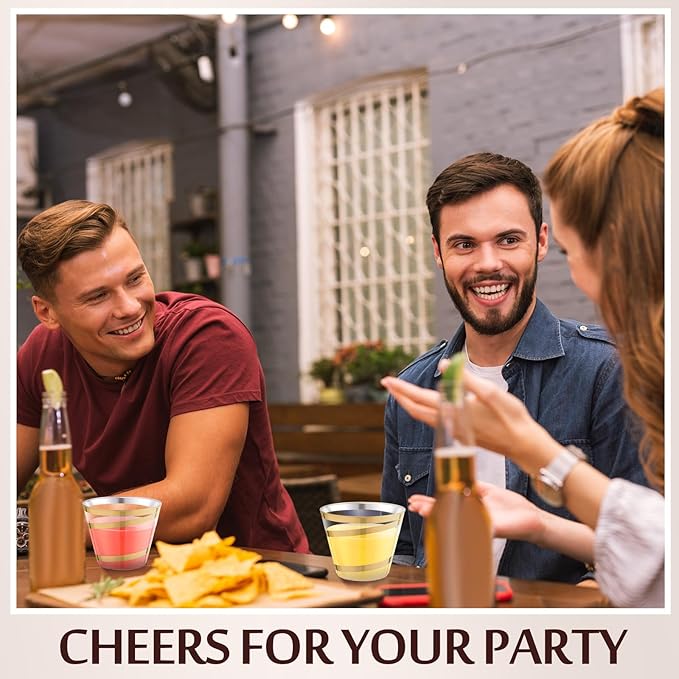 Gejoy 9 oz Rimmed Swirl Plastic Cups Disposable Wine Drinking Cups Clear Elegant Halloween Tumblers for Christmas Party Supplies(Gold,24 Pcs)