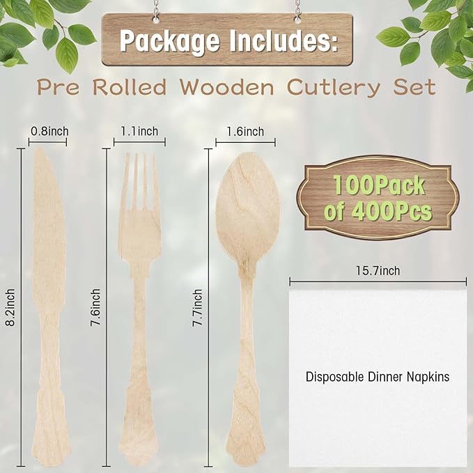 100Pack Pre Wrapped Disposable Wooden Cutlery - Pre Rolled Wooden Spoons Forks Knives with Napkins, Wrapped Silverware Set Disposable, Biodegradable Cutlery with Napkins for Wedding