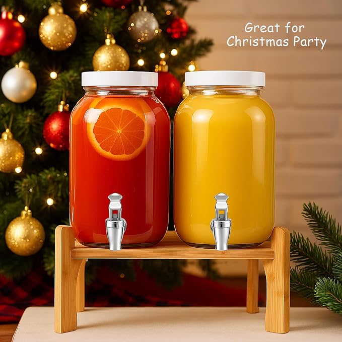 1 Gallon Large Glass Drink Dispensers with Stand for Parties, Glass Iced Beverage Dispensers with Spigot, Reusable Water Dispenser Countertop (2 Pack)
