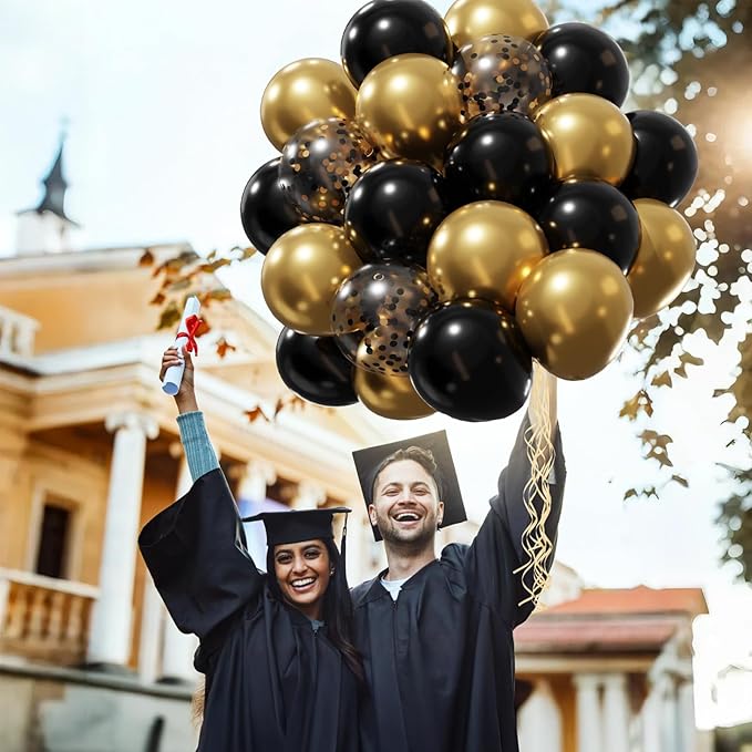 Patimate Black Gold Confetti Balloons Set, 50 pcs 12 inch Metallic Gold Black Confetti Latex Balloons Kit for Birthday Wedding Graduation New Years Anniversary Party Decorations