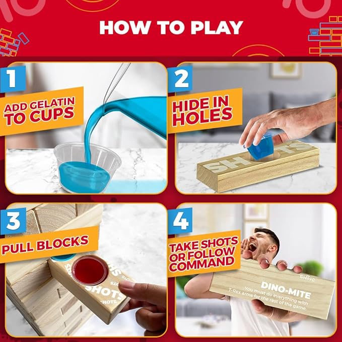 SWOOC Games - Giant Tower Party Game with Hidden Jello Shots - Includes Disposable Cups, Lids & Carrying Case - Stacks up to 5ft - Tipsy Topple Game for Adults - Giant Outdoor Games - Jumbo Bar Fun