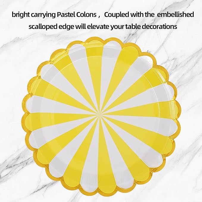 party paper plates,9 inch,scalloped disposable Paper Plates,compostable biodegradable utensils 50 - pack Gold Trimmed Striped Holiday Party Rehearsal 6 colors