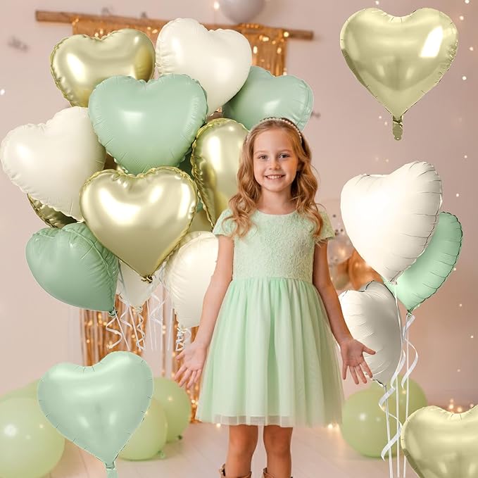 Sage Green Gold Heart Balloons, 10 Pcs Light Gold Cream Heart Shaped Balloon, 18 Inch Olive Green Sand White Foil Balloons for Jungle Safari Brithday Baby Shower Wedding Valentines Party Decoration