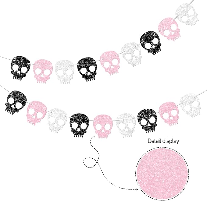 2PC Black/Silver/Pink Skull Garland for Halloween Party Decorations Glitter Skull Banner for Girl/Women Gothic Birthday Decorations Supplies