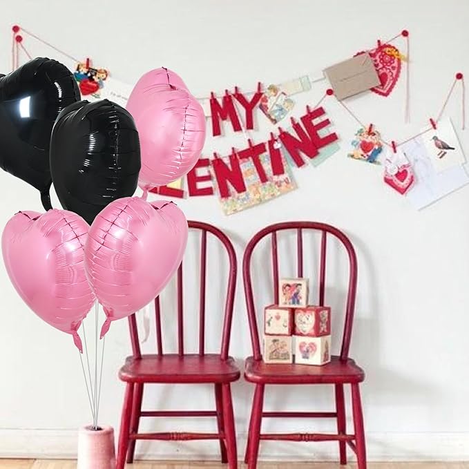 TONIFUL 30Pcs 18 Inch Pink Black Heart Balloons Valentine’s Day Heart Shape Foil Mylar Balloons Decoration for Romantic Valentine's Day Wedding Bridal Shower Anniversary Engagement Party Supplies