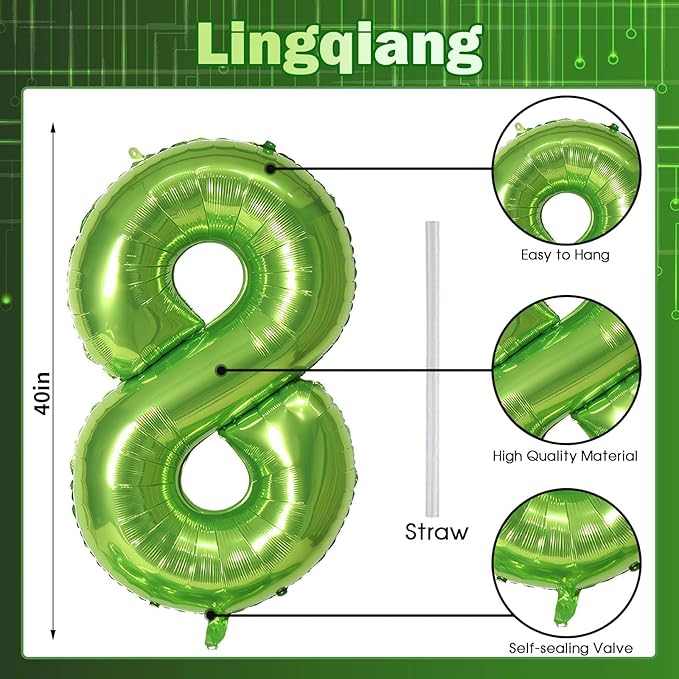 40 Inch Green Foil Balloon Number 8, Giant Self Inflating Number Balloons 0-9 for Men Women, Digital 8 Helium Balloons Set for Girls Boys 8th Jungle Birthday Anniversary Party Decorations Supplies