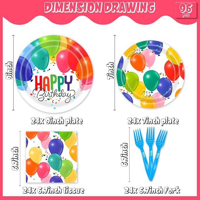 96Pcs Happy Birthday Party Supplies Tableware Set Rainbow Polka Dot Plates Napkins Forks Serves 24 Guests Rainbow Confetti Balloons Birthday Party Decorations