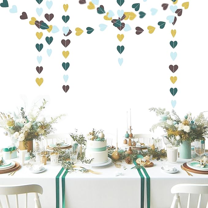 Sage-Green Gold Brown Party Decorations - 52Ff Paper Heart Streamers Gender Neutral Baby Shower Bridal Shower Garland Boho Birthday Rustic Decoration Woodland Theme Decor HongTongTong