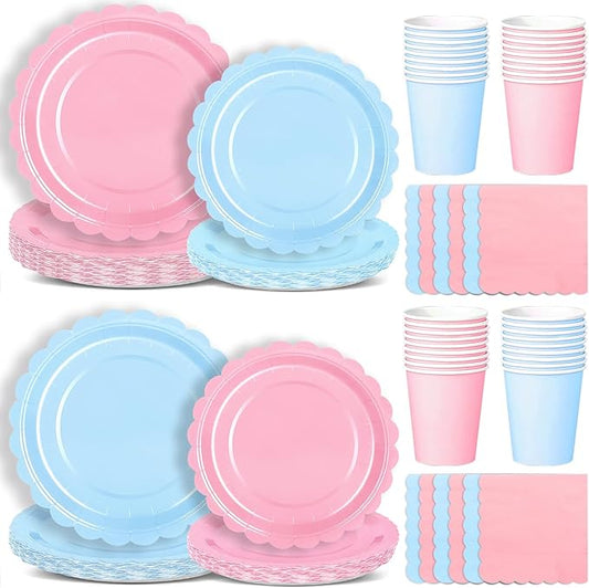 260 Pcs Blue And Pink Party Supplies - For 52 Guests Paper Plates And Napkins/Cups - Disposable Small Scalloped Dinner Party Set Cutlery - For Bbq Baby Shower Bridal Shower Wedding