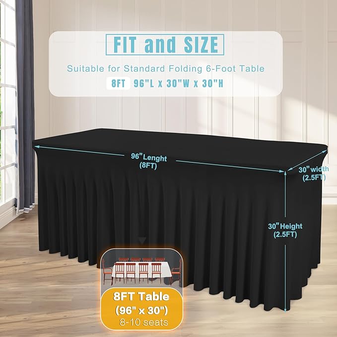 1 Pack Black Table Clothes for 8 Foot Rectangle Tables, One-Piece Wrinkle Resistant Stretch Spandex Table Covers with Skirt for Event Banquet Wedding Birthday Party