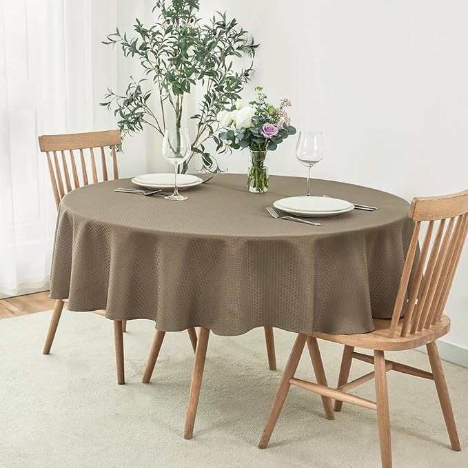maxmill Round Weaved Texture Design Tablecloth Spill-Proof Wrinkle Free Soft Washable Table Cloth for Circular Table Cover, for Dining Room Buffet Banquet Parties Holiday Dinner, 70 Inch Brown