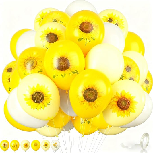 Sunflower Balloons, 12 inch Sunflower printed Balloons Yellow pastel yellow White Sunflower Balloons for Sunflower Themed Baby Shower Birthday Wedding Party Decorations Supplies