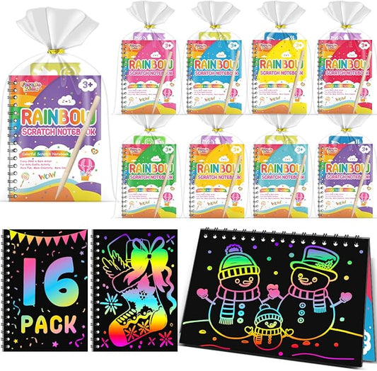 Party Favors for Kids: 16 Pack Rainbow Scratch Art Notebook Back to School Students Classroom Gifts Bulk for Girls Boys Goodie Bags Stuffers, Return Gifts for Birthday Party Favors Bulk