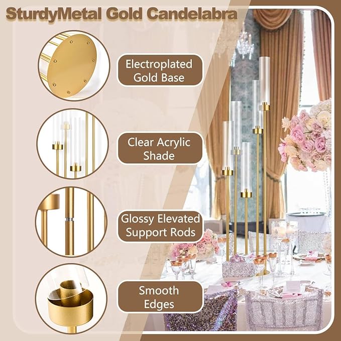 10PCS Gold Floor Candelabra,5 Arm Candle Holder Tall Floor Candle Holder with Acrylic Lampshade for Wedding Table Birthday Party Home Decoration Fit LED Taper Candles