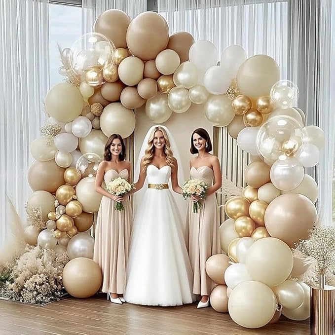 White Sand Gold Balloon Garland, Double Stuffed Pearl White Gold Cream Beige Balloons Clear Bobo Latex Balloons Arch Kit for Wedding Bridal Shower Birthday Boho Neutral Baby Shower Party Decorations