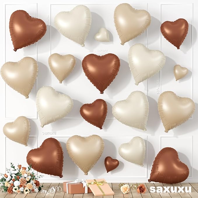 Brown Cream Heart Balloons, Heart Shaped Ballons, 20 Pcs 5/10/18 inch Apricot Beige Coffee Foil Love Balloons for Valentine's Day Wedding Engagement Bridal Showers Anniversary Celebrations