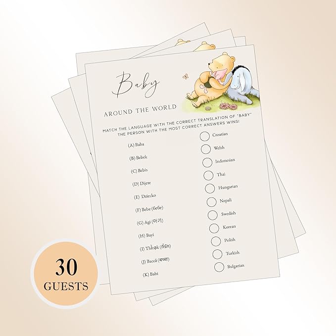 Winnie Baby Shower Games, Baby Around The World, Baby Shower Game Cards, Set of 30, Winnie The Pooh Party Favors, Baby Shower Party Games Supplies & Activities, Baby Shower Decorations