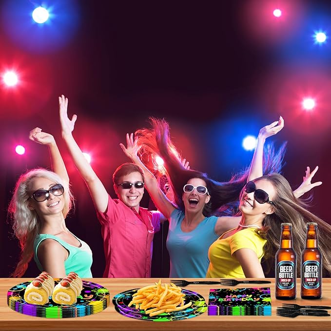 96Pcs Neon Birthday Party Decorations Party Supplies Plates and Napkins Forks for 24 Guests - Disposable Tableware Glow in the Dark Neon for Kids Baby Shower Birthday Decorations