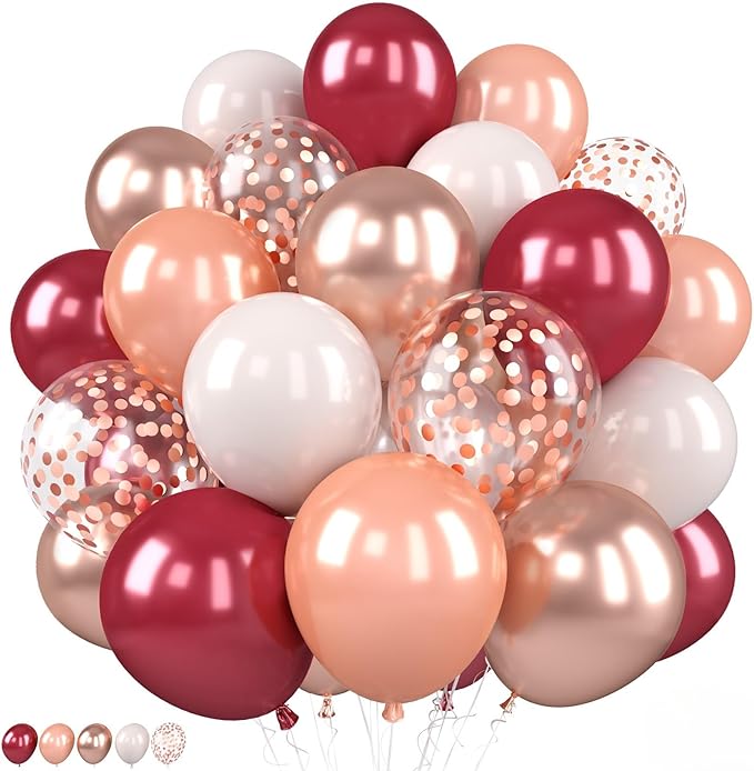 Burgundy Rose Gold Balloon, 50 Pcs 12 Inches Metallic Rose Gold Confetti Balloon, Red Sand White Latex Balloons for Women Girls Birthday Bridal Shower Wedding Anniversary Prom Party Decoration
