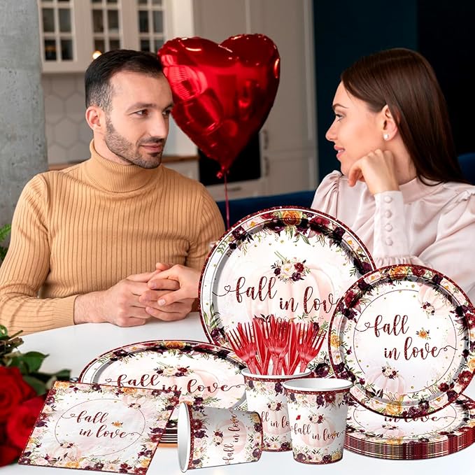 Fall In Love Bridal Shower Decoration,142pcs Fall Wine Disposable Dinnerware Autumn Plates and Napkins Floral Pumpkin Tablecloth for Fall Theme Wedding Bridal Shower Supplies