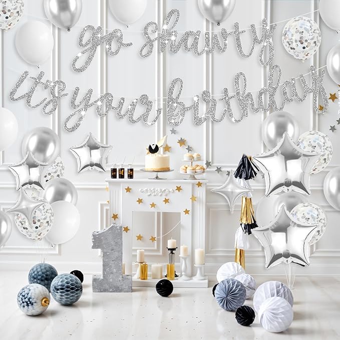 Silver Go Shawty It's Your Birthday Banner Balloons Set, Glitter Happy Birthday Banner with Silver White Confetti Balloon Star Foil Balloon for Man Women Hip Hop Rap Theme Birthday Party Decorations