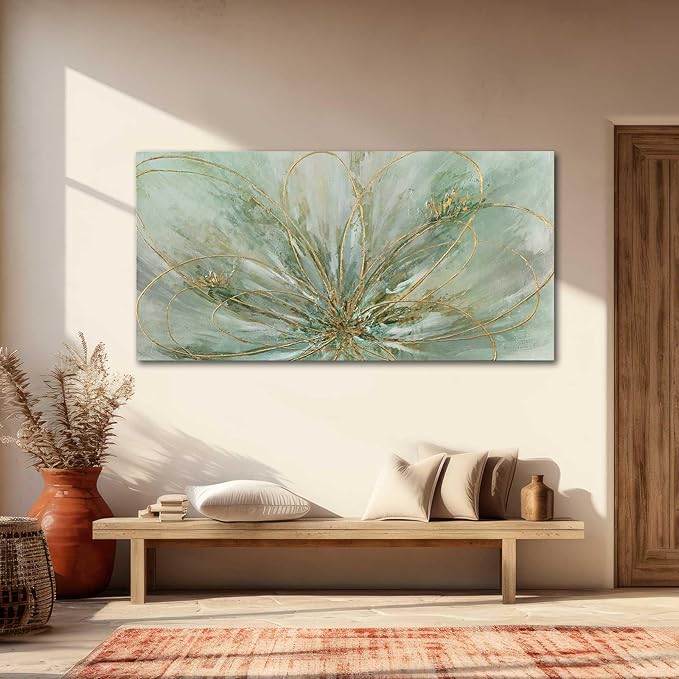 YJYart Green Flowers Canvas Wall Art Modern Paintings with Gold Foil Abstract Nature Wall Decorations for Home Office Living Room Bedroom 24" x 48"