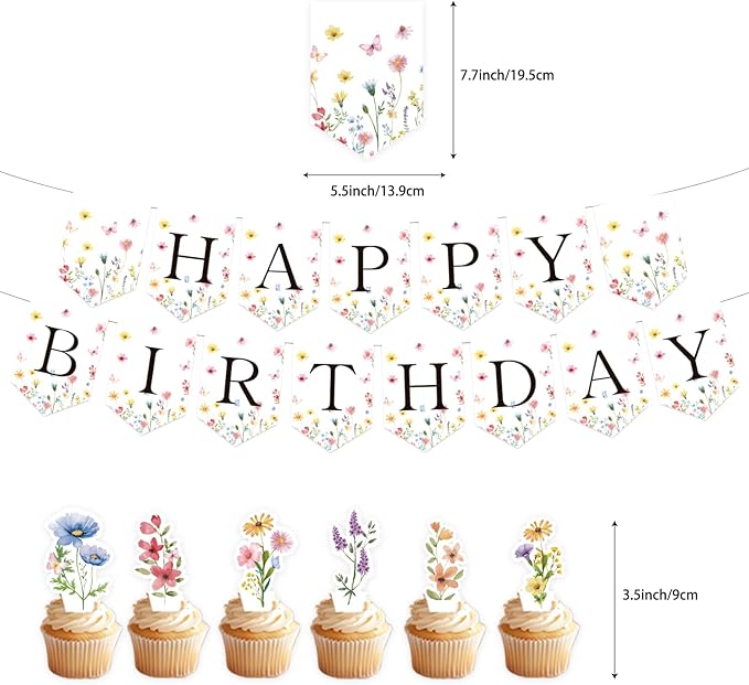 143PCS Spring Wildflower Party Supplies Birthday Decorations Plates Napkins Set, Banner, Hanging Swirls, Tablecloth, Cake Topper, Balloon,Floral Baby Shower, Serves 20