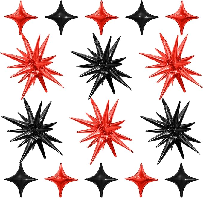 Black Red Star Balloon,6Pcs 22Inch Explosion Star Balloons and 10Pcs 10Inch Four Angle Balloons Kit for Halloween Birthday Anniversary Graduation Baby Shower Wedding Party Decorations
