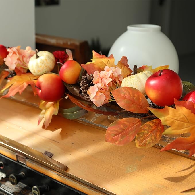 Fall Garland with Pumpkins, Artificial Maple Leaves, Pinecones, Apples & Flowers – 5.6ft Autumn Harvest Garland for Fireplace Mantel, Doorway, Table, Thanksgiving Decor (1 Pack)