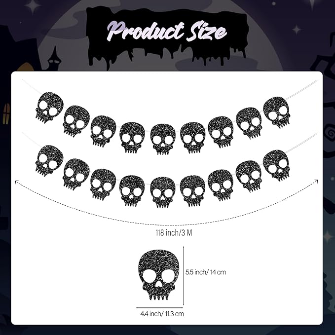 2PC Black Skull Garland for Halloween Party Decorations Glitter Skull Banner for Gothic Birthday Decorations Supplies