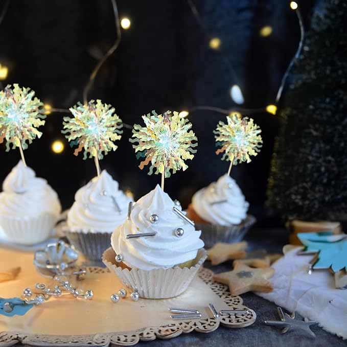 Ephlyn 30Pcs Foil Firework Cupcake Toppers Sparkle Tinsel Cupcake Picks Firework Cake Decorations Cocktail Food Fruit Toothpicks for Baby Shower Graduation Party Supplies White