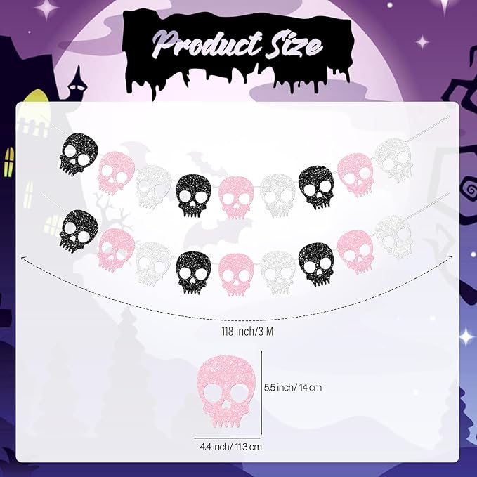 2PC Black/Silver/Pink Skull Garland for Halloween Party Decorations Glitter Skull Banner for Girl/Women Gothic Birthday Decorations Supplies