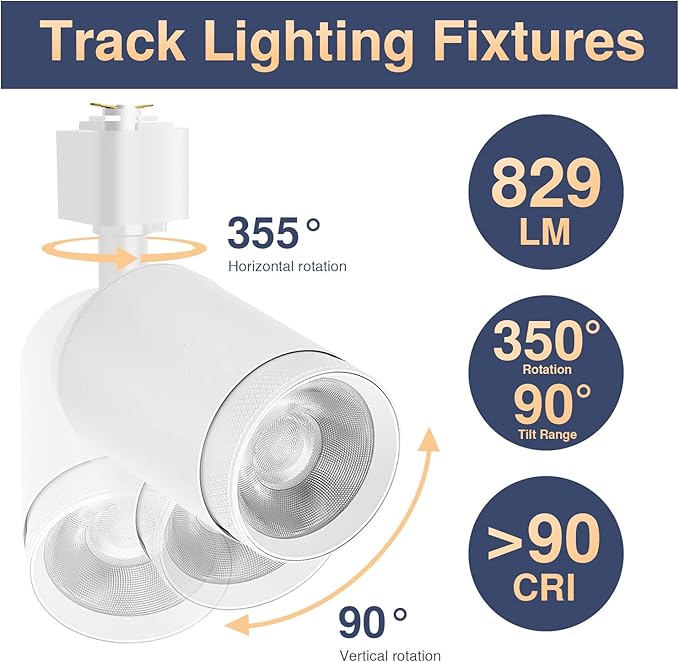 10W LED Track Lighting Heads – L-Type Adjustable Ceiling Spotlights, 3000K/4000K/5700K, Flicker-Free CRI90+ (6-Pack) – White Track Light Fixtures for Accent, Task & Art Lighting