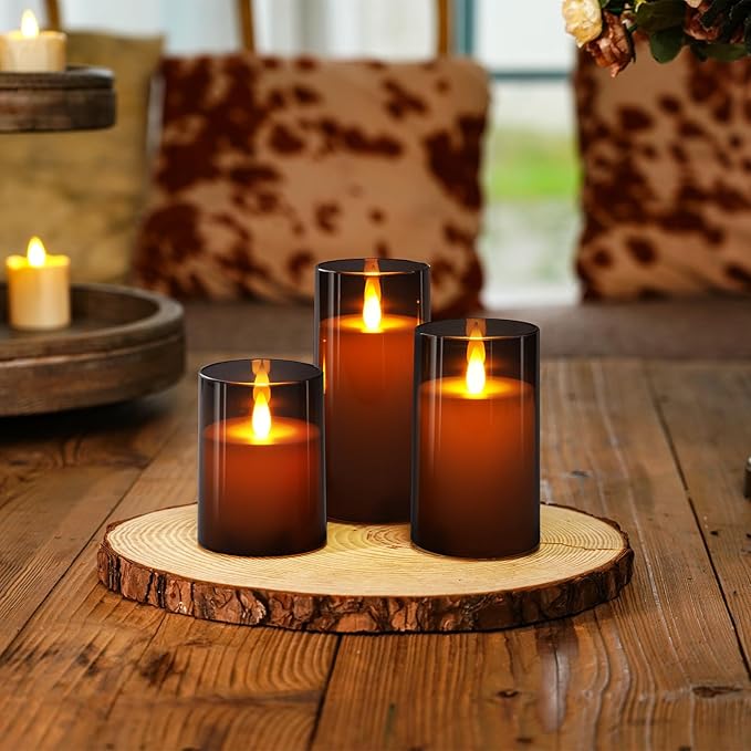 Homemory Realistic Flickering Flameless Candles Battery Operated, LED Fake Electric Candles with Remote Control and Timer for Home, Christmas Decoration, Grey, Set of 3