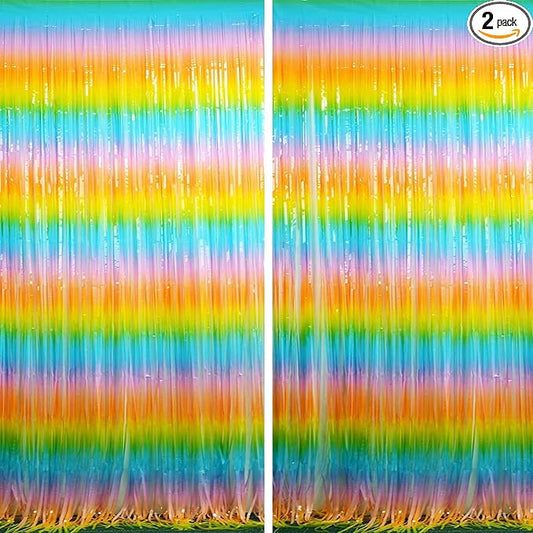 BRAVESHINE Colourful Tinsel Foil Fringe Curtains - 2Pcs 3.2x8.2ft Holidays Photo Booths Party Streamers Backdrop for Easter Princess Pastel Unicorn Birthdays Christmas Bridal Shower Party Decorations