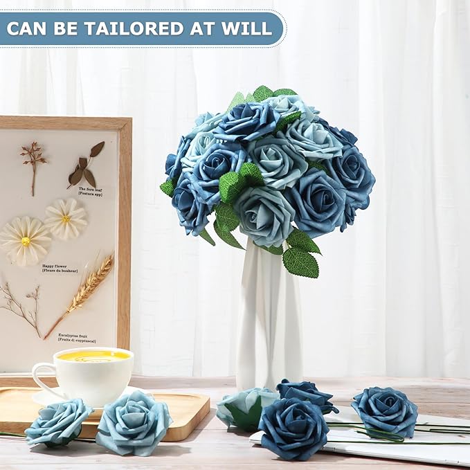 100 Pieces Artificial Foam Rose Flowers Faux Bouquet with Leaves and Stems for DIY Wedding Bouquets Centerpieces Bridal Shower Party Valentine Home Decorations(Blue Two Tone)