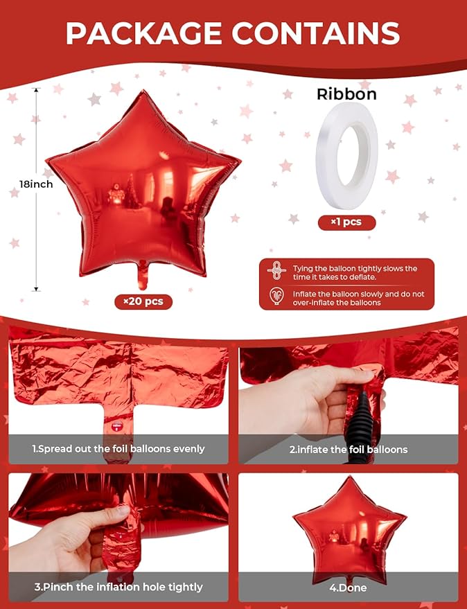 Red Star Balloons, 20Pcs 18 Inch Red Foil Balloons Big Star Shaped Balloon Helium Mylar Star Balloon for Christmas Birthday Anniversary Wedding Valentines Day Party Decorations
