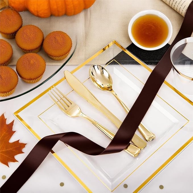 Festiva 350Pcs Clear Plastic Plates with Gold rim - Clear Gold Disposable Dinnerware for 50 Guests includeSquare Plastic Plates/Cups/Cutlery/Napkins Perfect for Thanksgiving Party&Wedding &Xmas