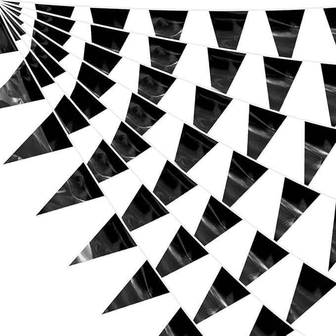 65FT Black Glitter Triangle Pennant Banner Flag Metallic Bunting Fabric Garland for Christmas Graduation Wedding Engagement Bachelorette Holiday Halloween Celebration Valentine's Party Supplies