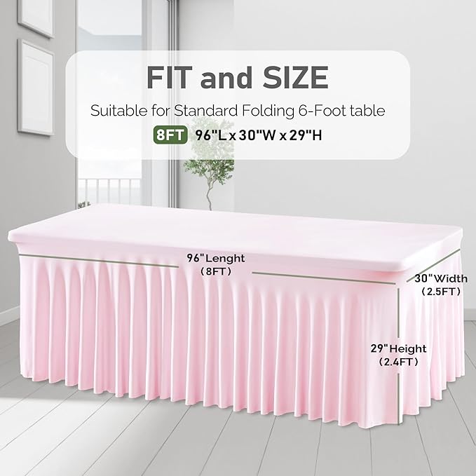 1 Pack Pink Table Clothes for 8 Foot Rectangle Tables, One-Piece Wrinkle Resistant Stretch Spandex Table Covers with Skirt for Event Banquet Wedding Birthday Party