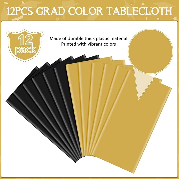 MASHAN 12 Pcs Black and Gold Plastic Tablecloths Bulk,84 Inch Disposable Round Party Table Cloth Waterproof Table Cover for Birthday Wedding Anniversary Graduation Party Decorations Supplies