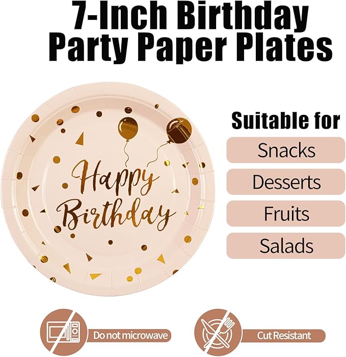 90PCS Happy Birthday Plates and Napkins Party Supplies, Disposable Pink Gold Dot Dessert Paper Plates Napkins with Forks Tableware Set Party Decorations for Girl Women Birthday Parties