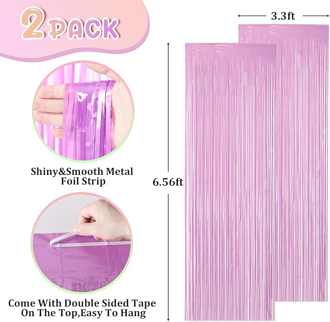 2 Pack Pastel Purple Foil Fringe Backdrop Curtains, Tinsel Streamers Birthday Party Decorations for Girl, Fringe Backdrop for Graduation, Baby Shower, Gender Reveal, Halloween Party