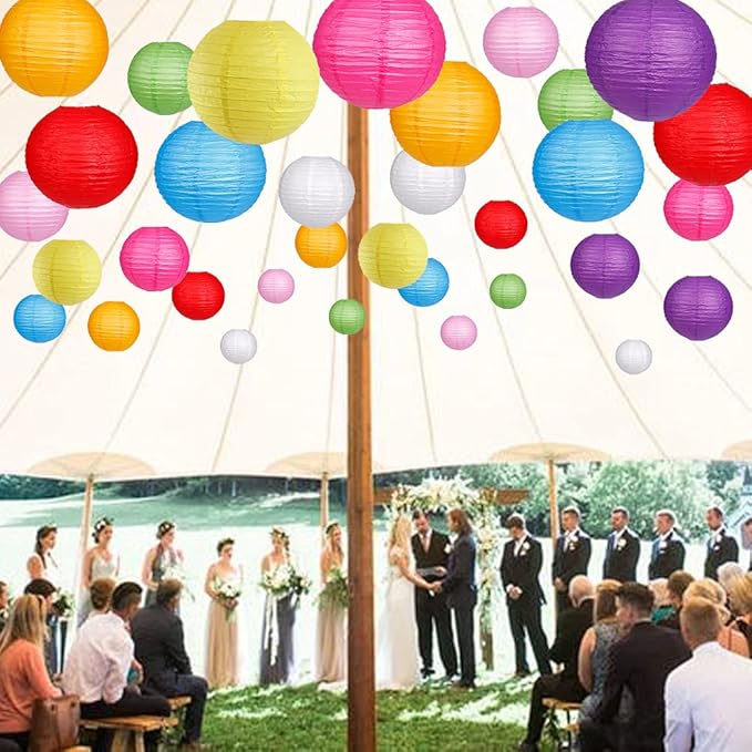 Paper Lanterns Decorative, Round Hanging Paper Lanterns for Wedding Rainbow Birthday Party Mexican Fiesta Decorations Colorful 15pcs