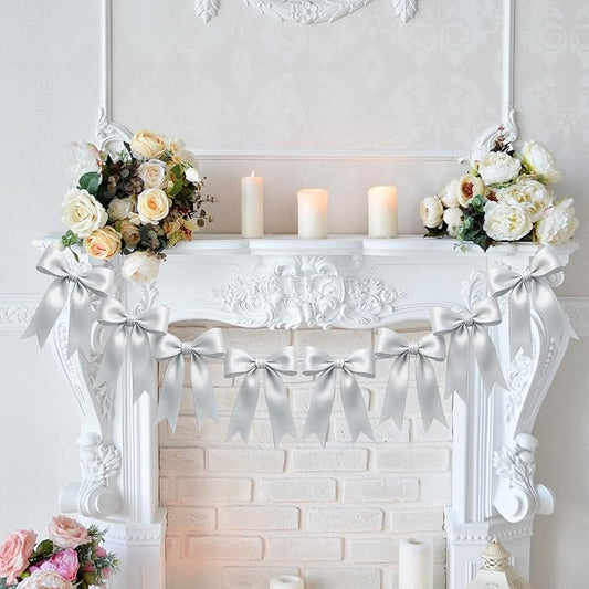 1 String of 8PCS Silver Bow Garland Banner Decoration,Pre-Strung Satin Ribbon Ornaments for Birthday,Bachelorette Party,Bridal Shower,Wedding,Engagement,Baby Shower,Graduation Decor,Anniversary