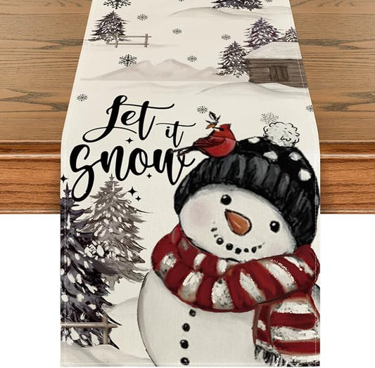 Artoid Mode Xmas Trees Let It Snow Black Snowman Christmas Table Runner, Seasonal Winter Holiday Kitchen Dining Table Decoration for Home Party Decor 13x120 Inch