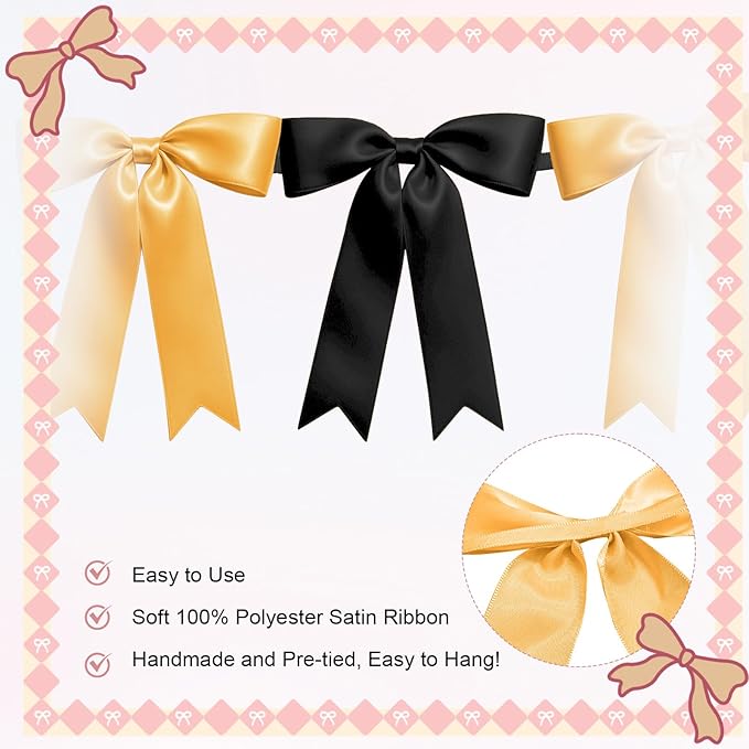 1 String of 8PCS Black&Gold Bow Garland Banner Decoration,Pre-Strung Satin Ribbon Ornaments for Birthday,Bachelorette Party,Bridal Shower,Wedding,Engagement,Baby Shower,Graduation Decor,Anniversary