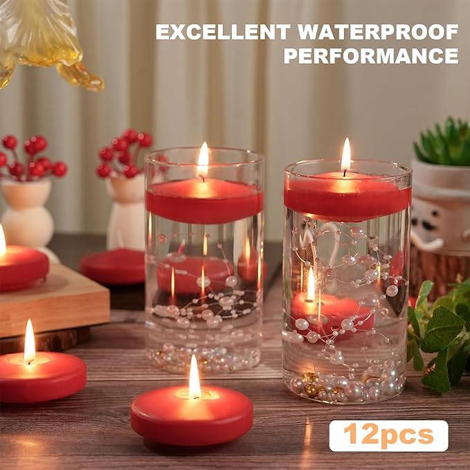 12 Pack Red Floating Candles 3 inch, Unscented Traditional 3" Floating Candles for Centerpieces,7 Hours Burning, Red Water Candles for Cylinder Vases, Wedding, Party, Pool